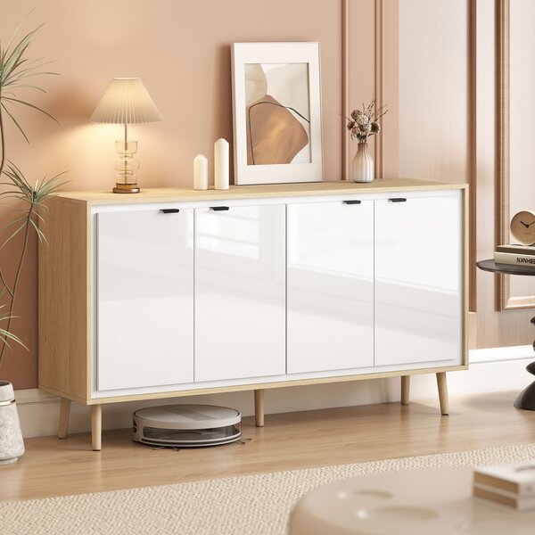 HOMCOM Bufet Modern cu 4 Uși și Raft Reglabil 141x35x77cm Alb și Stejar | Aosom Romania
