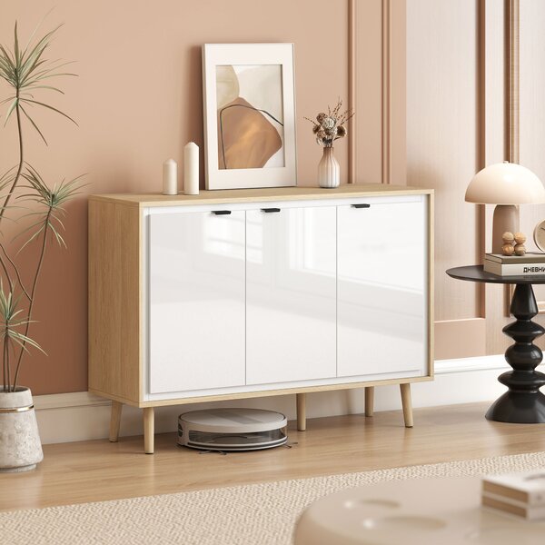 HOMCOM Bufet Modern cu 3 Uși și Raft Reglabil 107x35x77cm Alb și Stejar | Aosom Romania