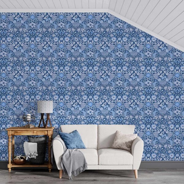 Tapet Imprimeu botanic albastru în stil vintage, Tapet stil englezesc, a00145v2 : Uwalls.ro