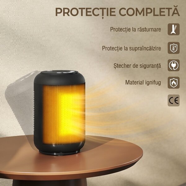 HOMCOM Încălzitor electric cu 3 moduri și temporizator 24h, 14x14x21.5 cm, Negru | Aosom Romania