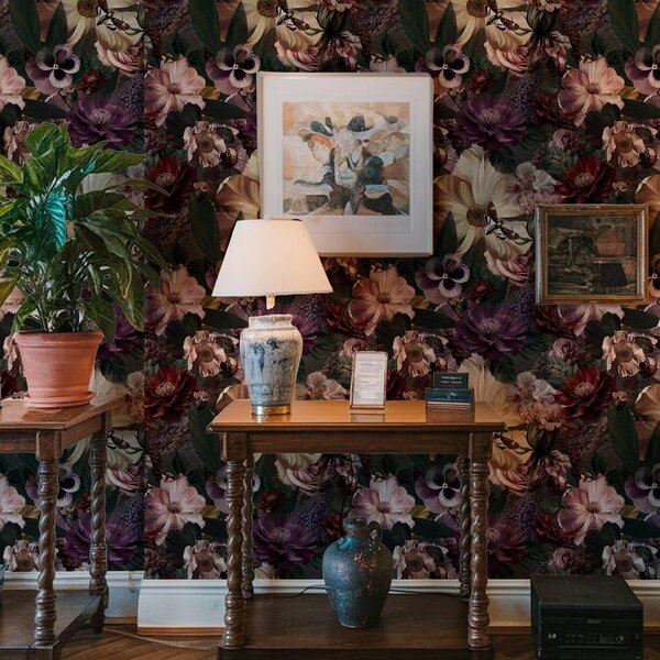 Tapet Imprimeu floral artistic în culori închise, Tapet stil englezesc, a00147 : Uwalls.ro