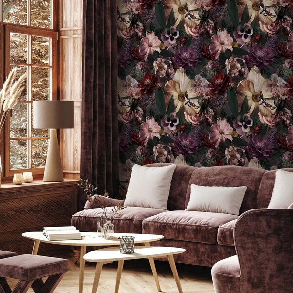 Tapet Imprimeu floral artistic în culori închise, Tapet stil englezesc, a00147 : Uwalls.ro