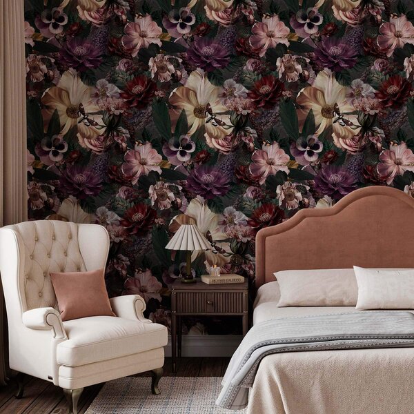 Tapet Imprimeu floral artistic în culori închise, Tapet stil englezesc, a00147 : Uwalls.ro