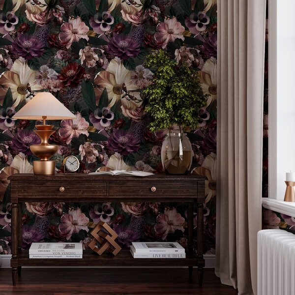 Tapet Imprimeu floral artistic în culori închise, Tapet stil englezesc, a00147 : Uwalls.ro