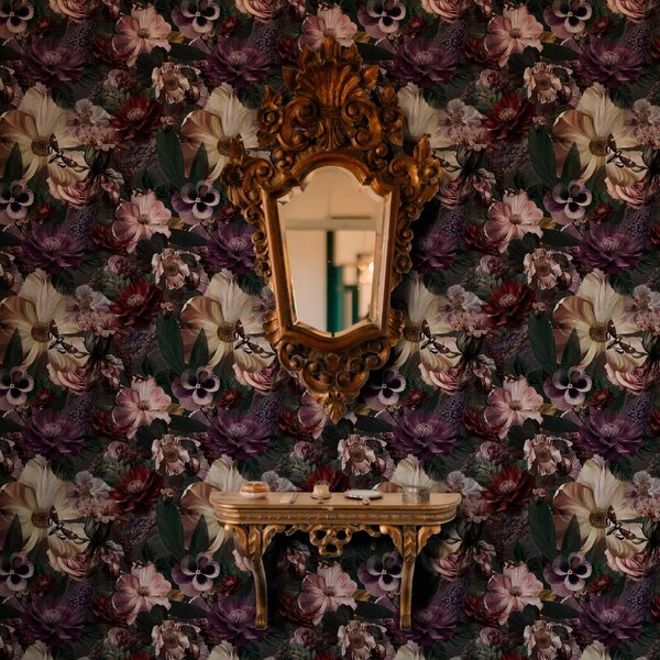 Tapet Imprimeu floral artistic în culori închise, Tapet stil englezesc, a00147 : Uwalls.ro