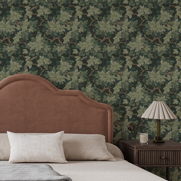 Tapet Frunze de stejar pe fundal verde, Tapet flori, a00151 : Uwalls.ro
