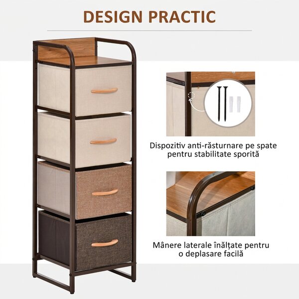 HOMCOM Comodă pentru Dormitor cu 4 Sertare Pliabile, Blat Superior din Lemn și Cadru Metalic 31x29x99 cm Multicolor | Aosom Romania