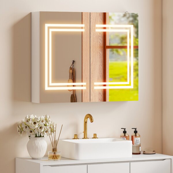 Kleankin Oglindă Baie cu Dulap și LED, 80 x 65cm, Ușă Soft Close, Reglabilă pe 3 Culori, Rafturi Ajustabile, Alb Lucios | Aosom Romania