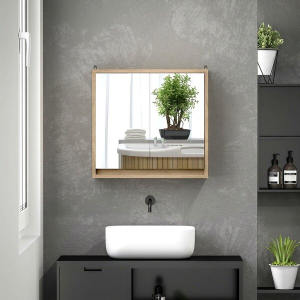 HOMCOM Dulap de Baie cu Oglindă, 2 Uși și Raft Reglabil, 48 x 14,5 x 45 cm, Culoarea Lemnului | Aosom Romania