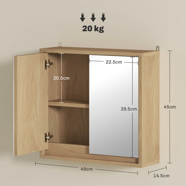 HOMCOM Dulap de Baie cu Oglindă, 2 Uși și Raft Reglabil, 48 x 14,5 x 45 cm, Culoarea Lemnului | Aosom Romania
