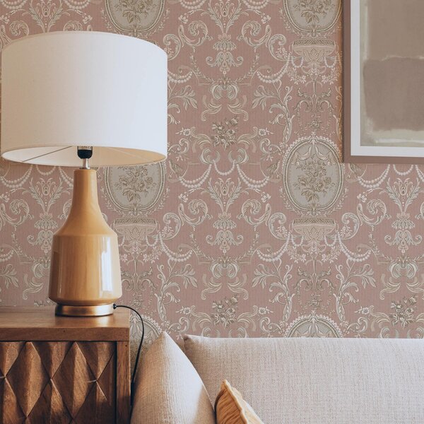 Tapet Ornament baroc cu flori pe fundal roz, Tapet în stil francez, a00160 : Uwalls.ro