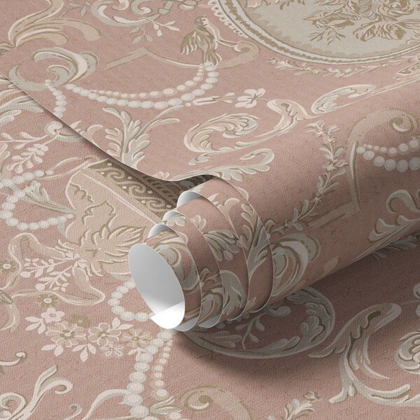 Tapet Ornament baroc cu flori pe fundal roz, Tapet în stil francez, a00160 : Uwalls.ro