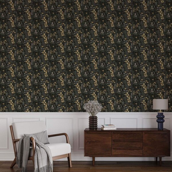 Tapet Model floral în tonuri de gri și galben, Tapet flori, a00163 : Uwalls.ro