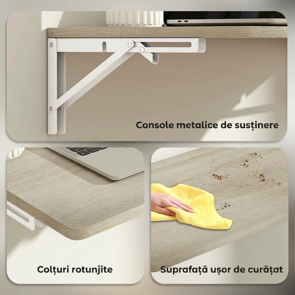 HOMCOM Birou pliabil de perete pentru calculator, cu colțuri rotunjite, economisire spațiu, pentru casă, birou sau bucătărie, 60x40 cm, stejar | Aosom Romania