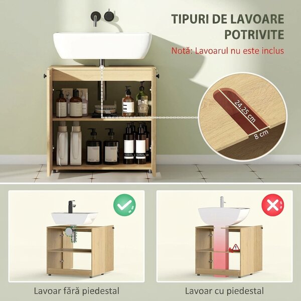HOMCOM Dulap sub lavoar pentru baie, 2 uși soft-close, poliță reglabilă, pentru lavoare fără coloană, stejar | Aosom Romania