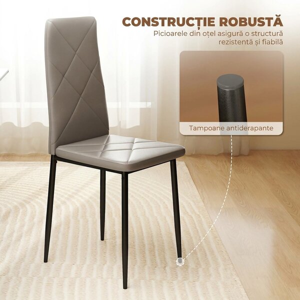 HOMCOM Set de 6 Scaune de Sufragerie, cu Spătar Înalt cu Cusături Tip Romb din Piele Ecologică și Oțel, 41x50x97 cm, Gri | Aosom Romania