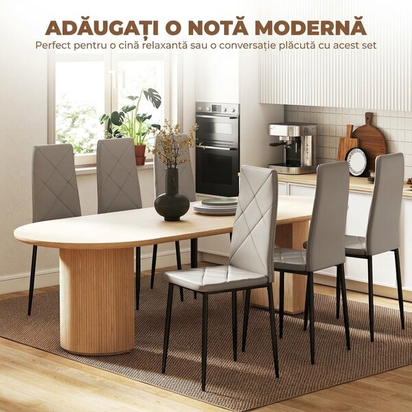 HOMCOM Set de 6 Scaune de Sufragerie, cu Spătar Înalt cu Cusături Tip Romb din Piele Ecologică și Oțel, 41x50x97 cm, Gri | Aosom Romania