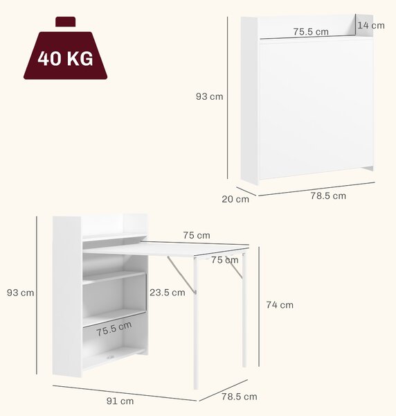 HOMCOM Masă de dining pliabilă 78,5x91 cm, cu 4 rafturi, pentru 3 persoane, masă de bucătărie rabatabilă, alb | Aosom Romania