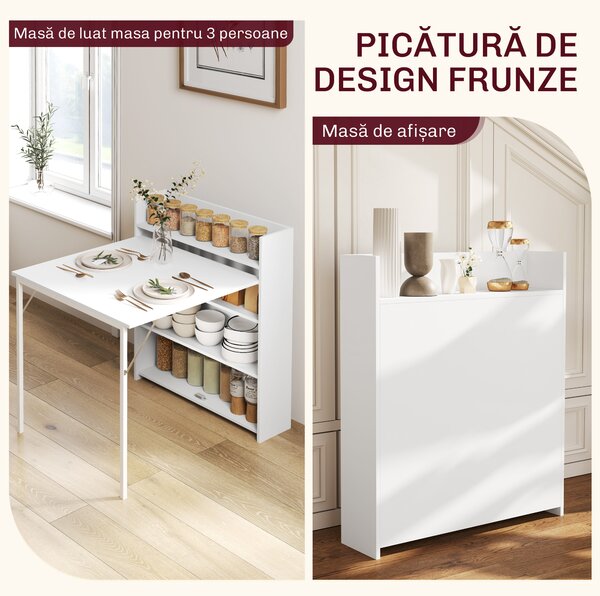 HOMCOM Masă de dining pliabilă 78,5x91 cm, cu 4 rafturi, pentru 3 persoane, masă de bucătărie rabatabilă, alb | Aosom Romania
