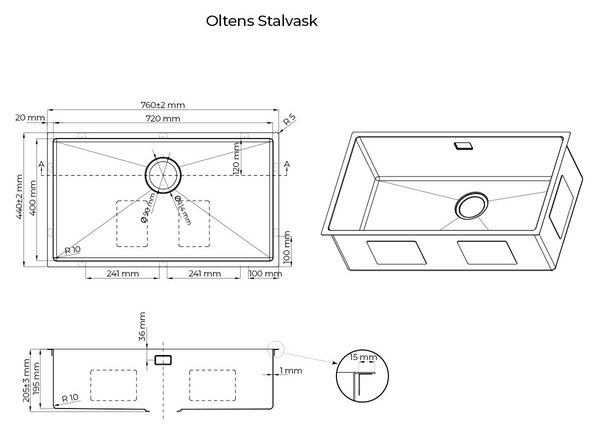 Oltens Stalvask chiuveta din otel 76x44 cm negru 71102300