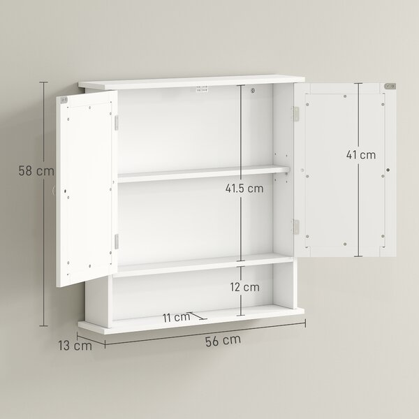 Kleankin Dulap Suspendat pentru Baie cu 2 Uși cu Oglindă și Raft Deschis, Raft Interior Reglabil, Mânere Metalice, 56x13x58 cm, Alb | Aosom Romania
