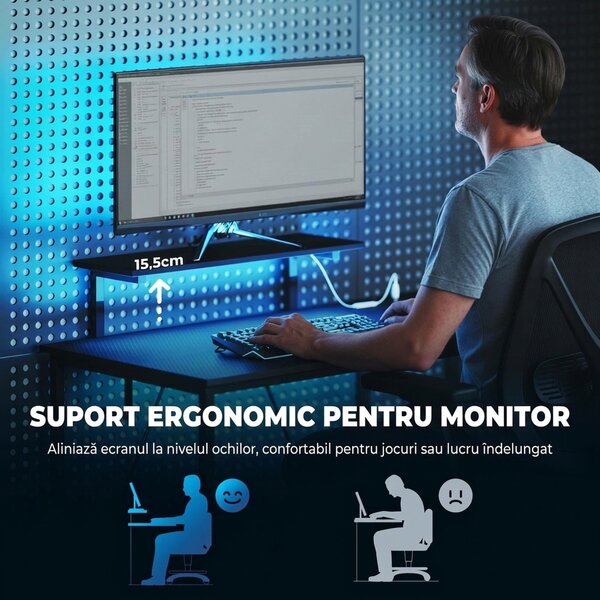 HOMCOM Birou Gaming Reversibil în L cu LED, 114,5x82 cm Birou Colțar cu Prize Electrice, Suport pentru Monitor și Rafturi Reglabile din Rețea, Stație Gaming pentru Acasă, Birou sau Studiu, Negru | Aosom Romania
