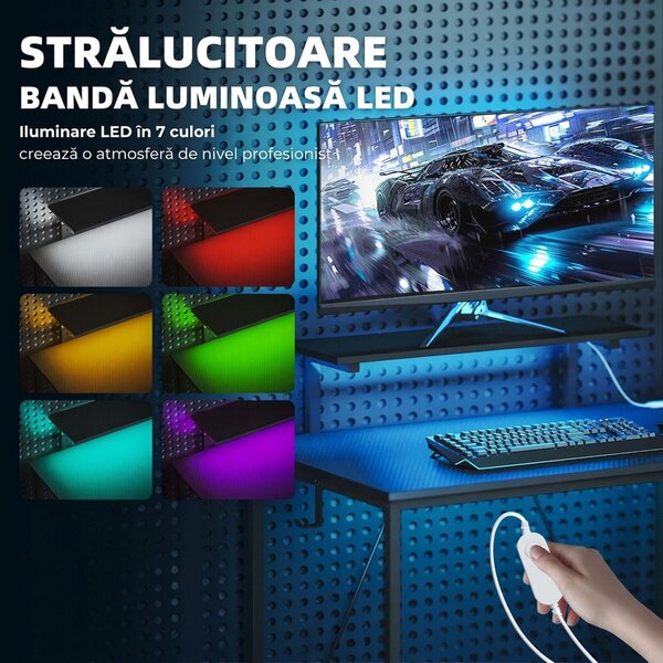 HOMCOM Birou Gaming Reversibil în L cu LED, 114,5x82 cm Birou Colțar cu Prize Electrice, Suport pentru Monitor și Rafturi Reglabile din Rețea, Stație Gaming pentru Acasă, Birou sau Studiu, Negru | Aosom Romania