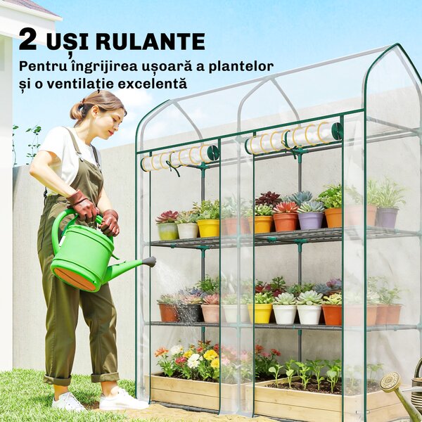 Outsunny Seră pentru Balcon cu 3 Rafturi și 2 Uși Rulabile, Cadru din Oțel și Husă PVC, 143x46x165 cm, Transparentă | Aosom Romania