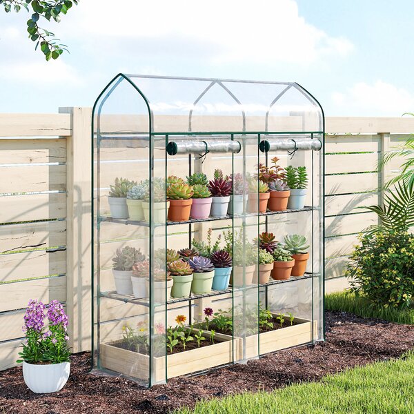 Outsunny Seră pentru Balcon cu 3 Rafturi și 2 Uși Rulabile, Cadru din Oțel și Husă PVC, 143x46x165 cm, Transparentă | Aosom Romania