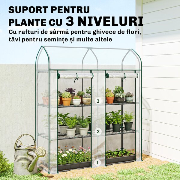 Outsunny Seră pentru Balcon cu 3 Rafturi și 2 Uși Rulabile, Cadru din Oțel și Husă PVC, 143x46x165 cm, Transparentă | Aosom Romania
