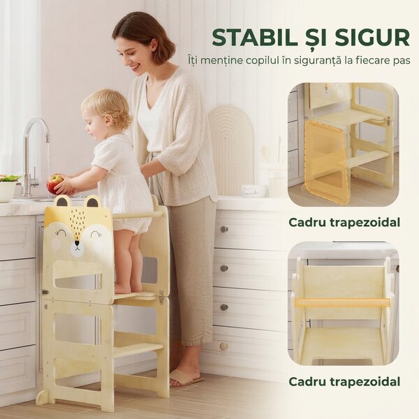 Turn Montessori AIYAPLAY pentru Copii 2-5 Ani cu Tablă și Măsuță, Scăunel pentru Copii din Placaj, 57x39x93 cm, Culoare Lemn | Aosom Romania