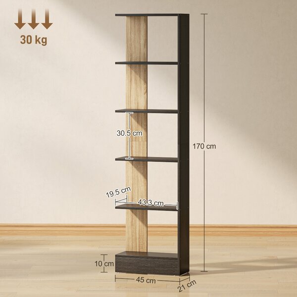 HOMCOM Bibliotecă Modernă cu 5 Rafturi din Lemn, 45 x 21 x 170 cm, Negru, Stejar | Aosom Romania