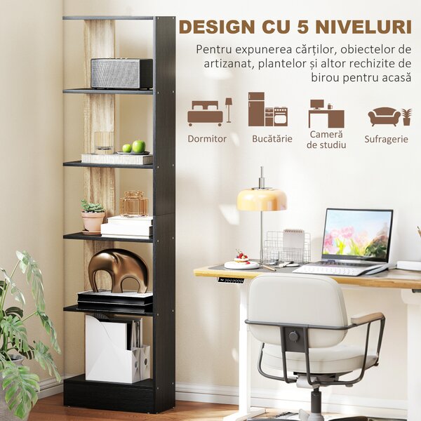 HOMCOM Bibliotecă Modernă cu 5 Rafturi din Lemn, 45 x 21 x 170 cm, Negru, Stejar | Aosom Romania