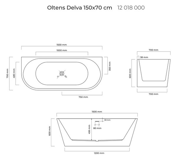 Oltens Delva cadă de perete 150x70 cm ovală alb 12018000