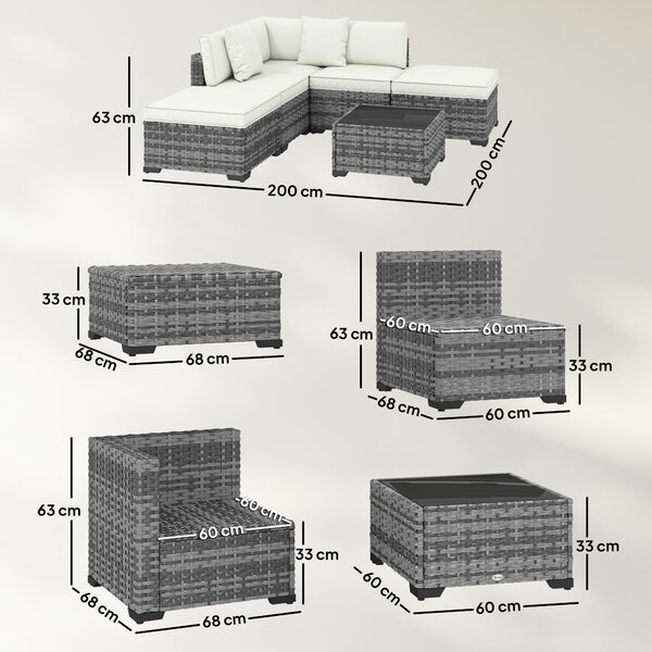 Outsunny Set Mobilier de Grădină din Ratan, 6 Piese, Fotoliu Colțar, Canapele fără Brațe, Suporturi pentru Picioare și Măsuță, Gri Amestecat | Aosom Romania