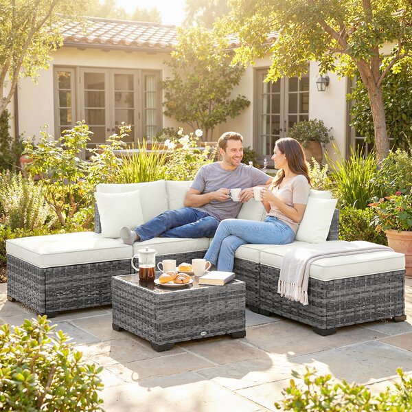 Outsunny Set Mobilier de Grădină din Ratan, 6 Piese, Fotoliu Colțar, Canapele fără Brațe, Suporturi pentru Picioare și Măsuță, Gri Amestecat | Aosom Romania