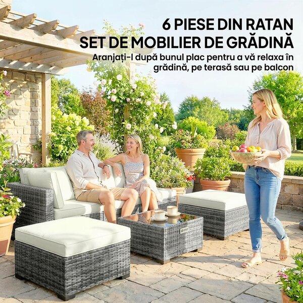 Outsunny Set Mobilier de Grădină din Ratan, 6 Piese, Fotoliu Colțar, Canapele fără Brațe, Suporturi pentru Picioare și Măsuță, Gri Amestecat | Aosom Romania