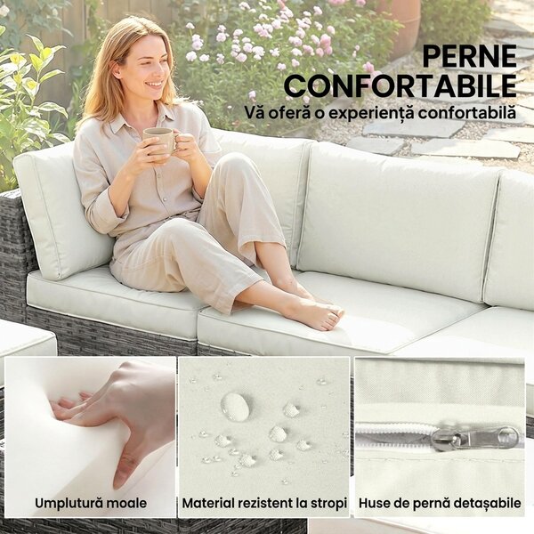 Outsunny Set Mobilier de Grădină din Ratan, 6 Piese, Fotoliu Colțar, Canapele fără Brațe, Suporturi pentru Picioare și Măsuță, Gri Amestecat | Aosom Romania
