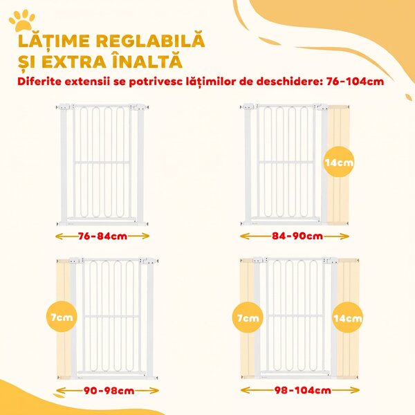 PawHut Poartă de Siguranță Extensibilă pentru Câini 76-104 x 104 cm, Deschidere cu o Singură Mână, Alb | Aosom Romania