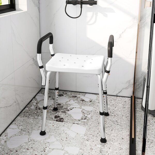 HOMCOM Scaun de Duș din Aluminiu, Reglabil pe Înălțime, cu Cotiere și Picioare Antiderapante, Alb | Aosom Romania