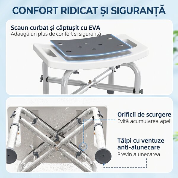 HOMCOM Taburet de duș din aluminiu, cu înălțime reglabilă și picioare antiderapante cu ventuze, gri | Aosom Romania