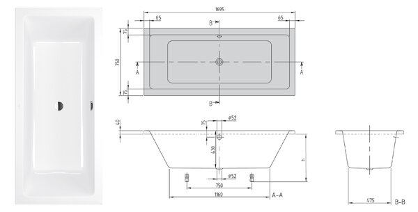 Villeroy & Boch Targa Plus cada dreptunghiulară 169.5x75 cm alb UBA170NES2V-01