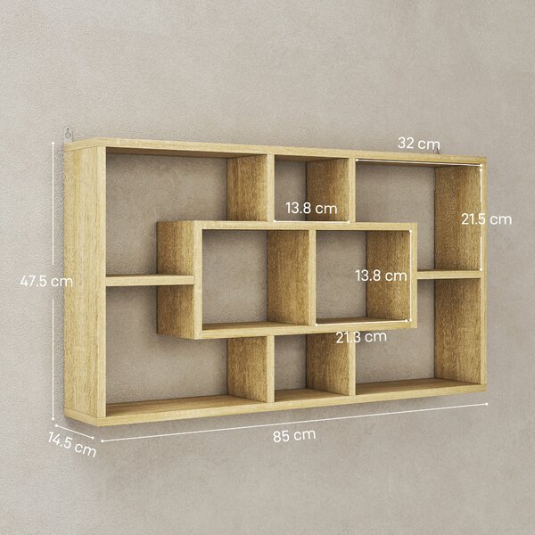 HOMCOM Raft de Perete cu 8 Compartimente, 85 x 14,5 x 47,5 cm, Max. 20 kg, din Lemn, pentru Living, Stejar | Aosom Romania