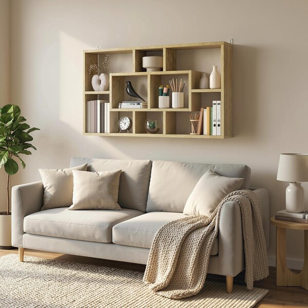 HOMCOM Raft de Perete cu 8 Compartimente, 85 x 14,5 x 47,5 cm, Max. 20 kg, din Lemn, pentru Living, Stejar | Aosom Romania