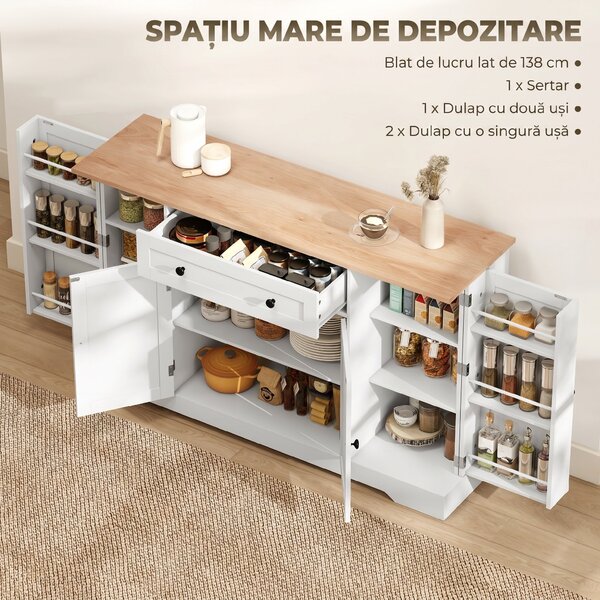 HOMCOM Servantă Bucătărie Modernă cu Sertar și 4 Uși, Dulap Bucătărie cu Rafturi Reglabile, 6 Suporturi pentru Condimente, 138x40x83,5 cm, Alb | Aosom Romania