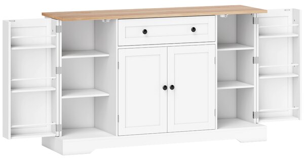 HOMCOM Servantă Bucătărie Modernă cu Sertar și 4 Uși, Dulap Bucătărie cu Rafturi Reglabile, 6 Suporturi pentru Condimente, 138x40x83,5 cm, Alb | Aosom Romania