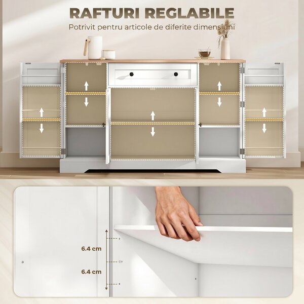 HOMCOM Servantă Bucătărie Modernă cu Sertar și 4 Uși, Dulap Bucătărie cu Rafturi Reglabile, 6 Suporturi pentru Condimente, 138x40x83,5 cm, Alb | Aosom Romania