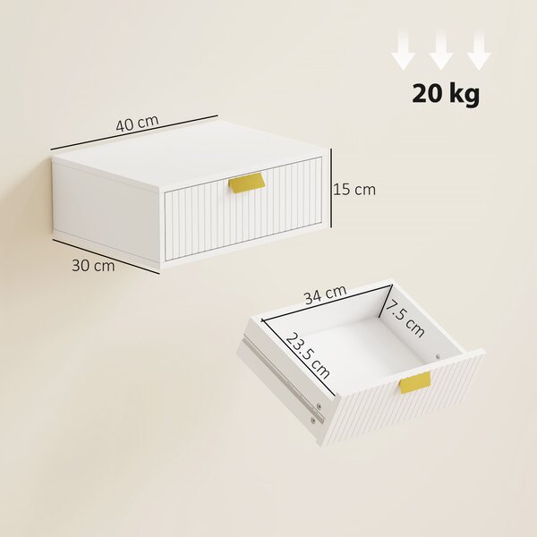 HOMCOM Set 2 noptiere suspendate cu sertar ondulat, pentru dormitor și living, 40x30x15 cm, alb | Aosom Romania