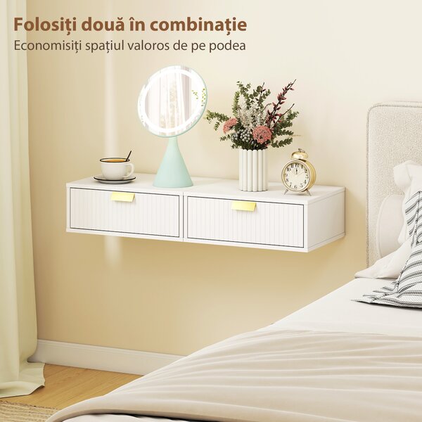 HOMCOM Set 2 noptiere suspendate cu sertar ondulat, pentru dormitor și living, 40x30x15 cm, alb | Aosom Romania