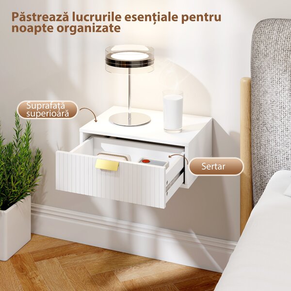 HOMCOM Set 2 noptiere suspendate cu sertar ondulat, pentru dormitor și living, 40x30x15 cm, alb | Aosom Romania